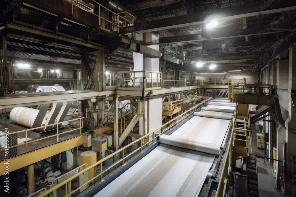 paper mill, with towering papermaking machines and conveyor belts in motion, created with generative ai