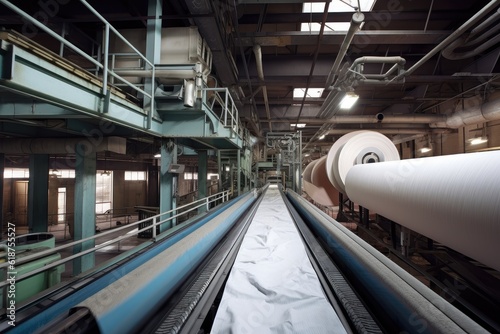 pulp and paper factory, with conveyor belts transporting freshly made rolls of paper, created with generative ai