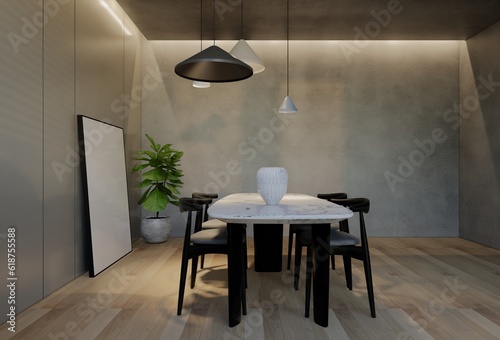 Modern dining room interior design contemporary  with natural tones on the room  walls  floor and ceiling. 3d rendering illustration