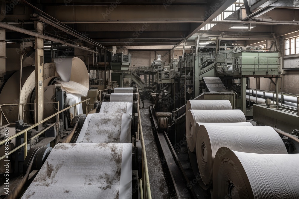 paper mill, with towering machines and conveyor belts churning out sheets of paper, created with generative ai paper mill, with towering machines and conveyor belts churning out sheets of paper, created with generative ai