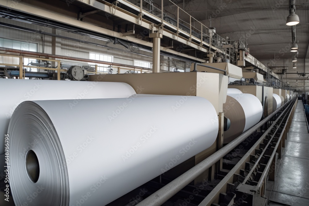 Paper Producing Image pulp and paper factory, with machines endlessly producing rolls of ...