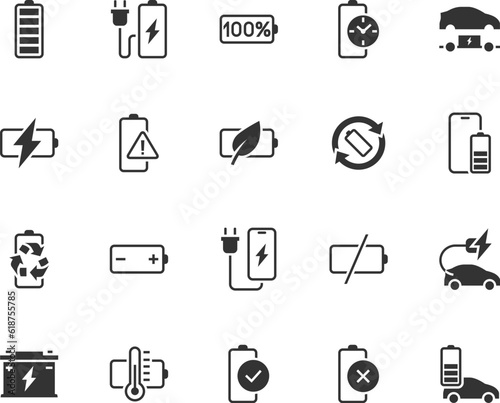 Vector set of battery flat icons. Contains icons battery charging, accumulator, battery life time, recycle, electric charge station, phone charging and more. Pixel perfect.