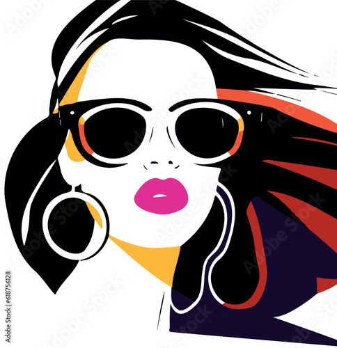 Vector illustration of a beautiful woman with long wavy hair, wearing a pair of stylish sunglasses