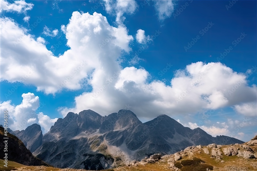 stunning mountain range with passing clouds and blue sky, created with generative ai