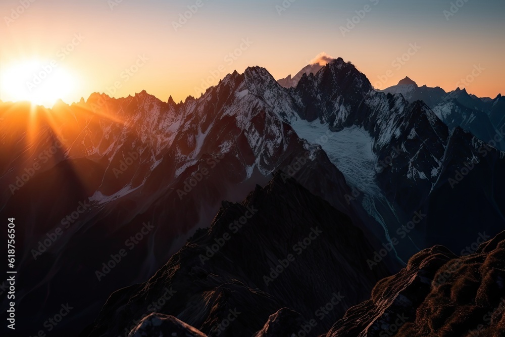 stunning mountain range, with the sun setting beyond the peaks, viewed from above and below, created with generative ai