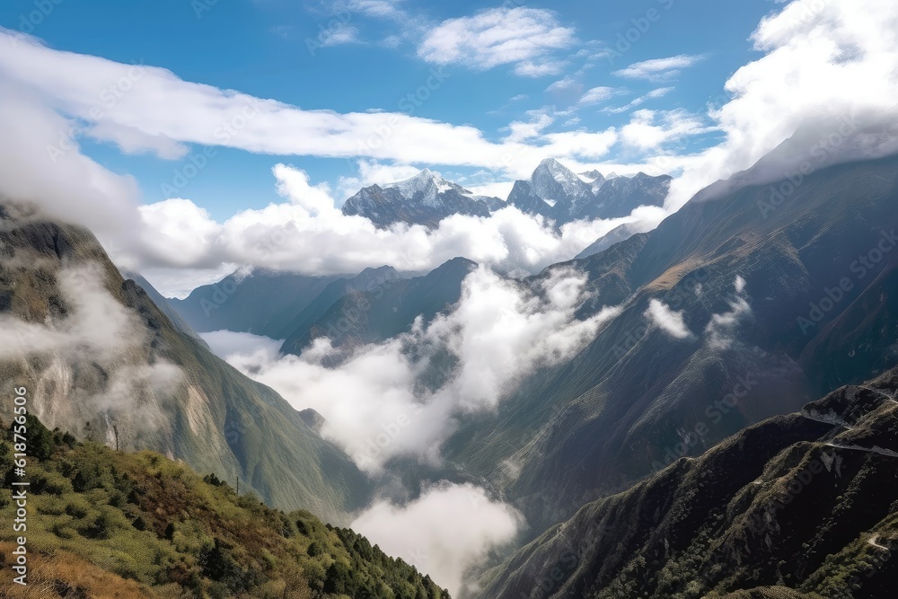 panoramic view of majestic mountains, with clouds rolling through the valley below, created with generative ai