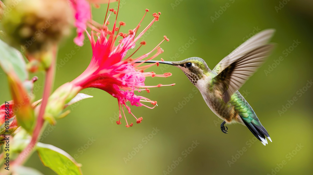 Fototapeta premium Colorful hummingbird feeding from a flower