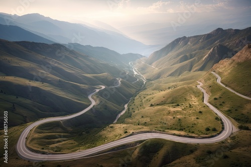 highway winding through the mountains, with breathtaking views of the valley below, created with generative ai