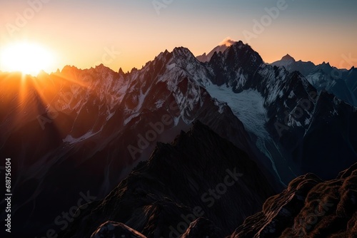 stunning mountain range, with the sun setting beyond the peaks, viewed from above and below, created with generative ai