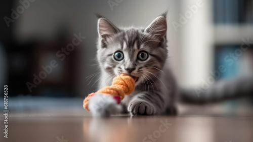 Cute gray kitten playing with a toy on the floor in a cozy living room interior, AI-generated. © Hollingsworth1/Wirestock Creators