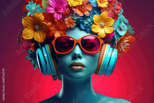 Künstliche Frau mit Blumen im Haar und Kopfhörern und Sonnenbrille - Vapowave Synthwave Stil - Abstrakter Hintergrund