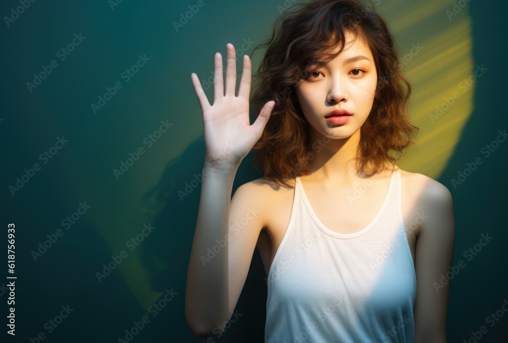 young woman in a white tank top holding a hand up