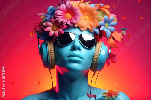 Künstlicher Mann mit Sonnenbrille und Kopfhörern - Bunte Blumen im Haar -  Synthwave oder Vapowave Stil © Karat