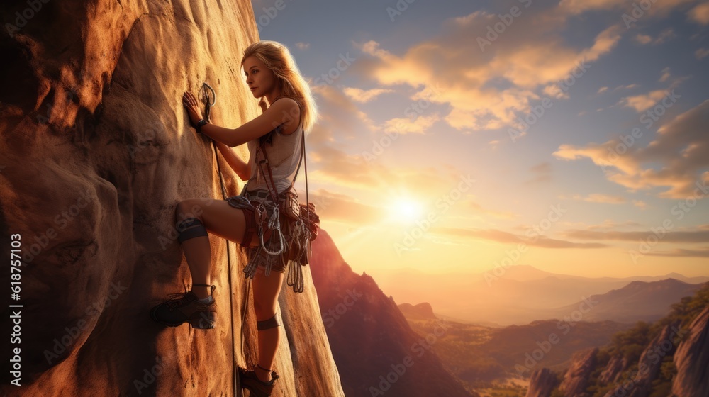 Young sporty woman climbing a mountain