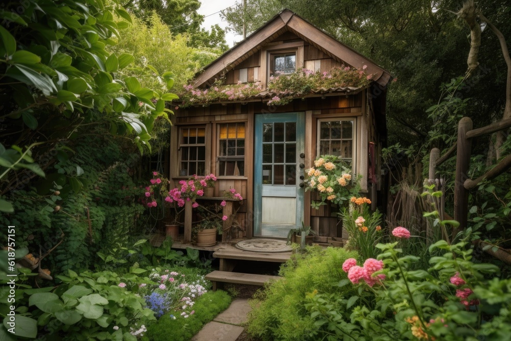 tiny home nestled amongst lush greenery and blooming flowers, created with generative ai tiny home nestled amongst lush greenery and blooming flowers, created with generative ai