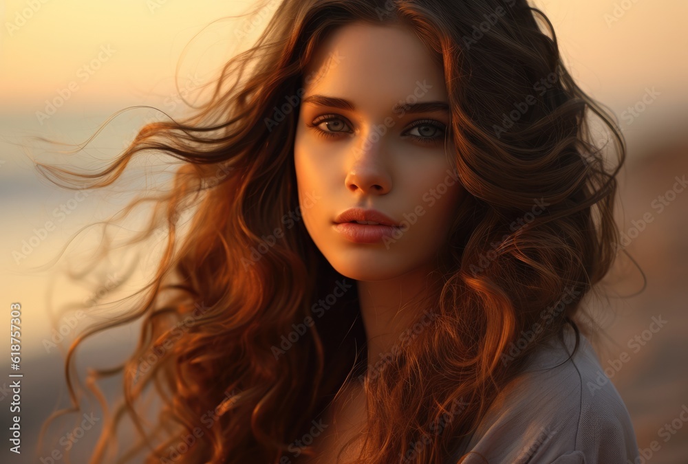 the beautiful girl with long brown hair standing on a beach the beautiful girl with long brown hair standing on a beach