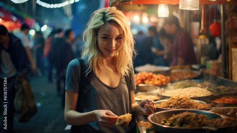 candid photograph of a young woman on a market