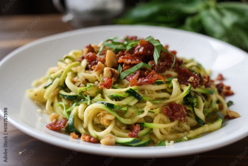 zucchini pasta with sun-dried tomatoes, basil and garlic, created with generative ai zucchini pasta with sun-dried tomatoes, basil and garlic, created with generative ai