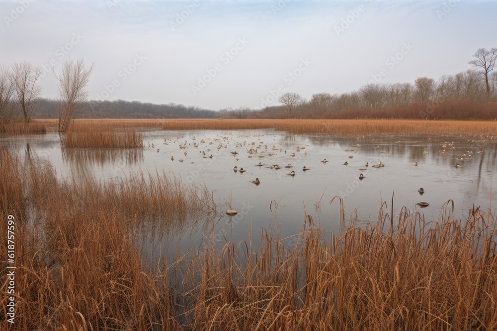 wetland with rushes and reeds, a perfect habitat for waterfowl, created with generative ai
