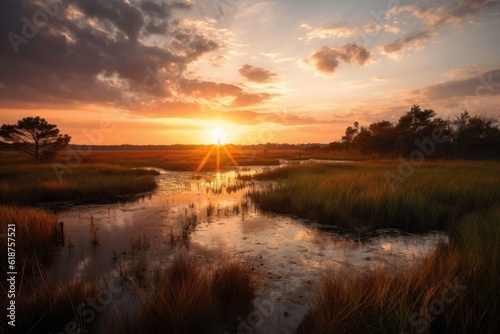 wetlands and marshes  with view of sun setting over the horizon  created with generative ai