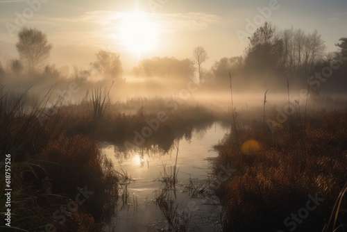 sun shining through the misty air over wetland and marsh  created with generative ai