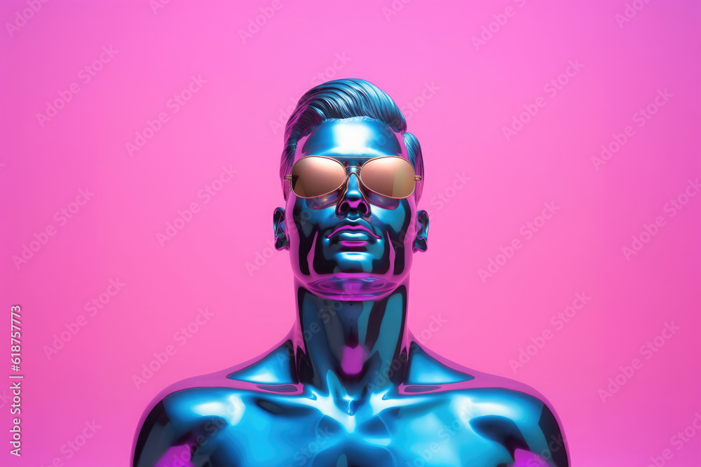 Mann im Hologramm Stil mit Sonnenbrille - Flüssige Metall Oberfläche - Rosa Violetter bzw. lila Hintergrund Mann im Hologramm Stil mit Sonnenbrille - Flüssige Metall Oberfläche - Rosa Violetter bzw. lila Hintergrund