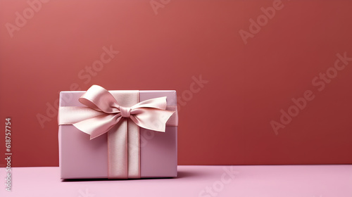 Beautiful pink gift box with ribbon and bow on table. Generative AI © perapong