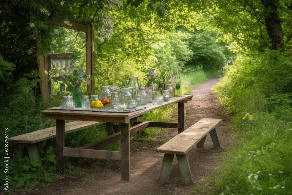 a picnic table, with glasses and plates, surrounded by greenery, created with generative ai