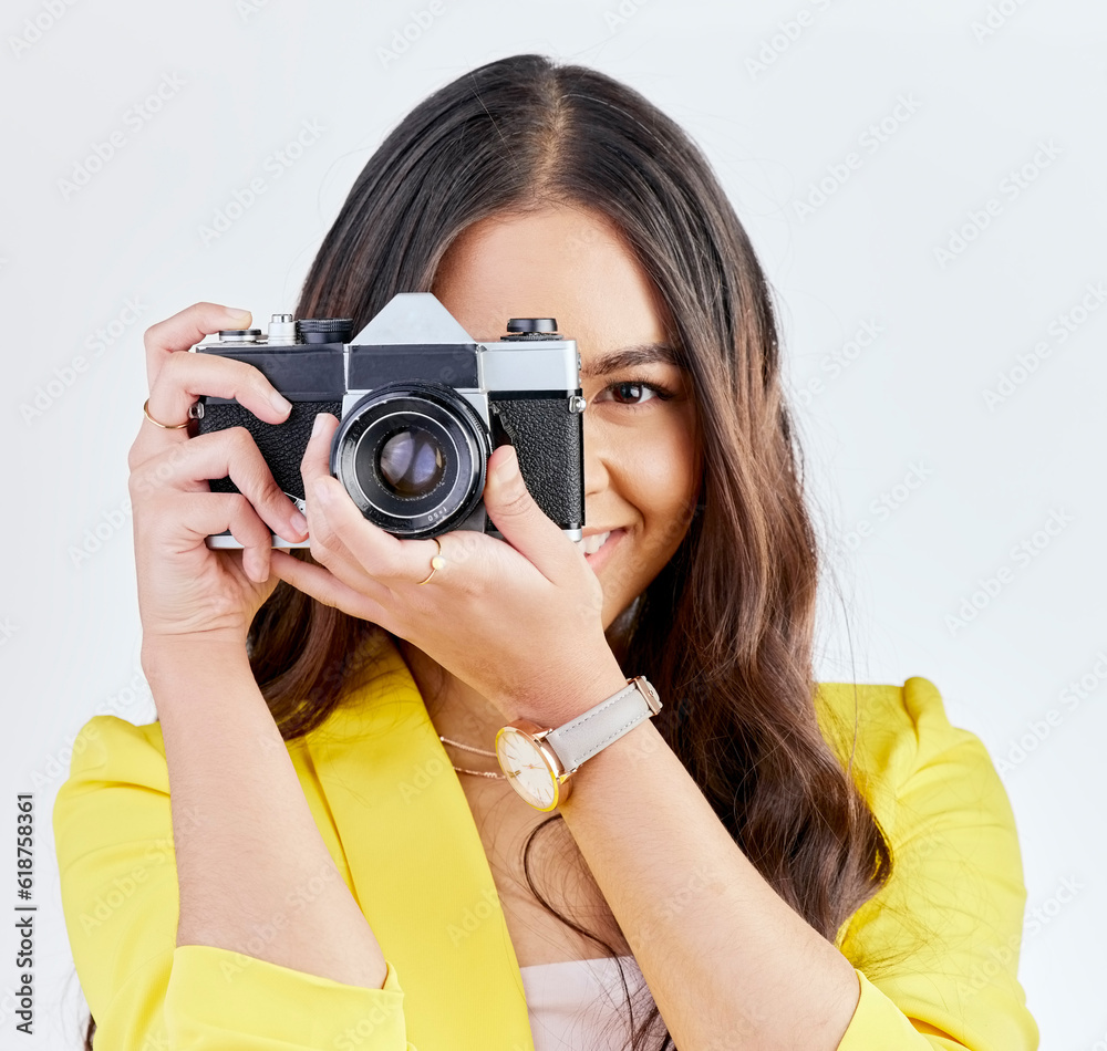 Creative, portrait and a woman with a camera for a photo, memory or career in photography. Happy, paparazzi and a young girl or photographer taking a picture isolated on a white background in studio Creative, portrait and a woman with a camera for a photo, memory or career in photography. Happy, paparazzi and a young girl or photographer taking a picture isolated on a white background in studio