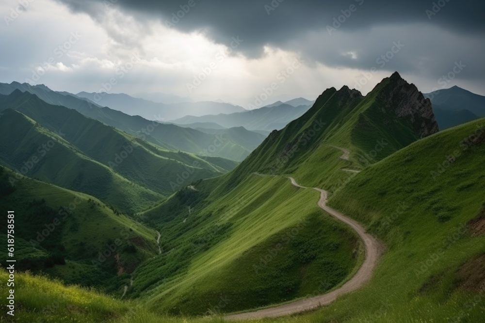 mountain landscape, with winding road and clouded sky, on a journey of discovery, created with generative ai