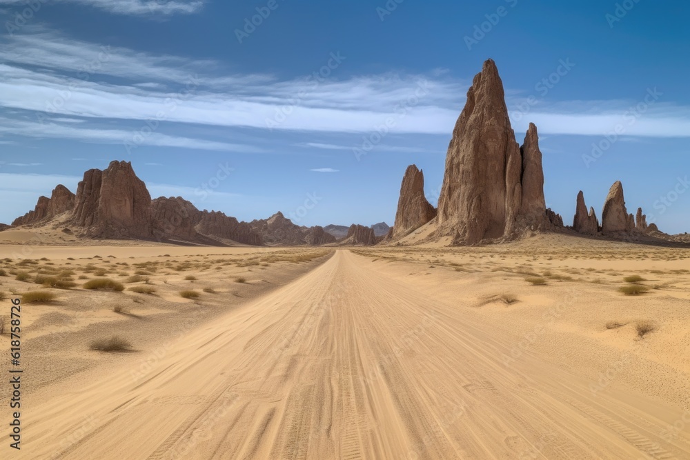 Naklejka premium road trip through the desert, with endless sand dunes and towering rock formations in the background, created with generative ai