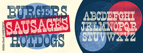 Textured Vintage Woodtype Display Font. Slab Serif Letterpress Font with a rolled ink texture. Bold with flat thick serifs, great for Restaurant Menu headings or signage.