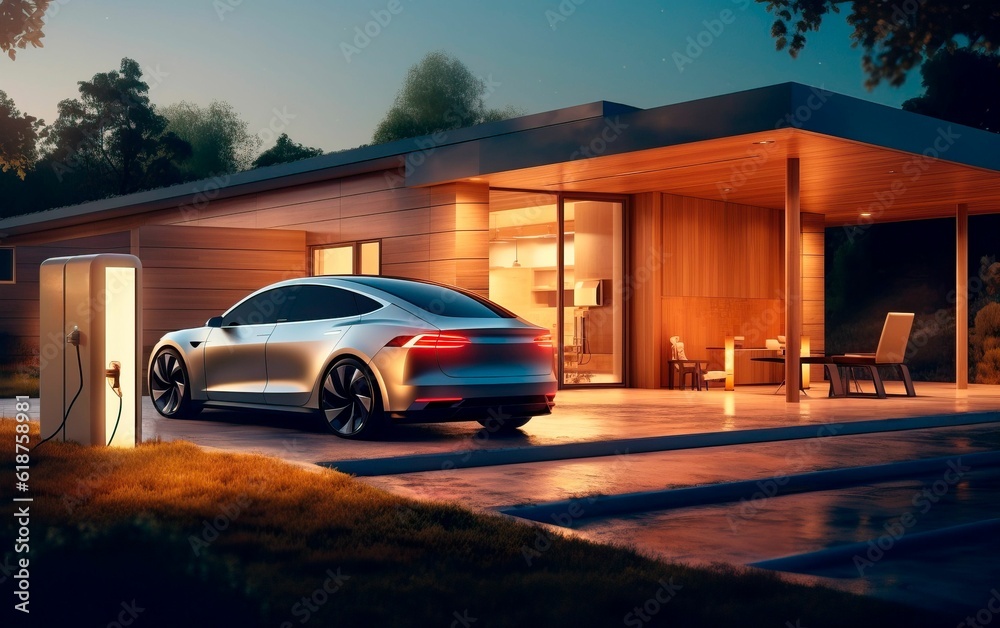 Electric car at the charging station of a modern house at dusk, AI-generated.