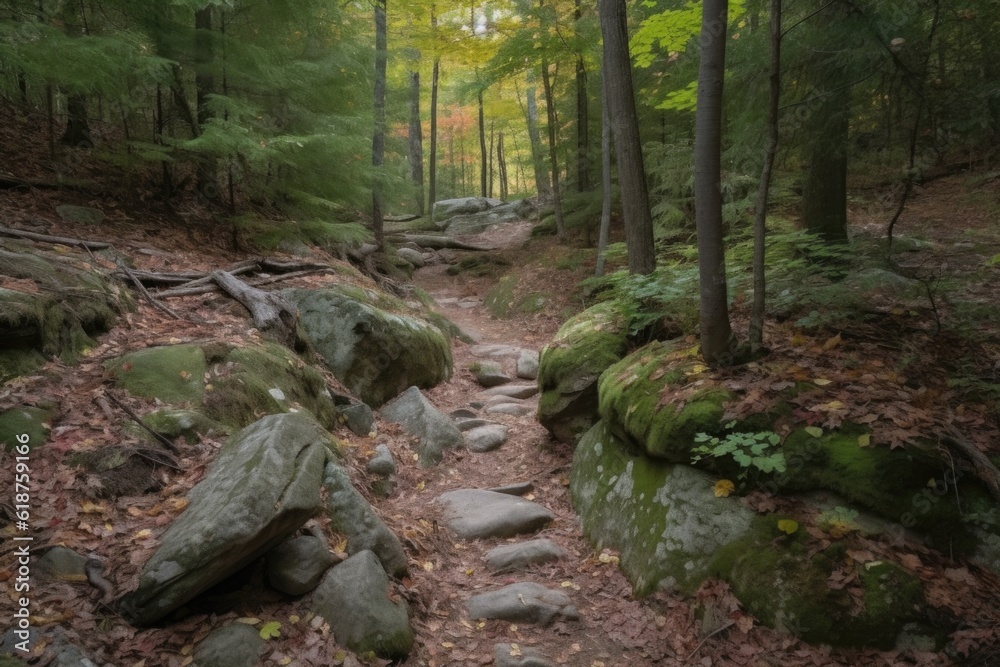 rocky trail through forest with clear and visible markers, created with generative ai rocky trail through forest with clear and visible markers, created with generative ai