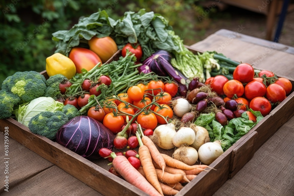 close-up of tray of freshly picked vegetables, created with generative ai close-up of tray of freshly picked vegetables, created with generative ai