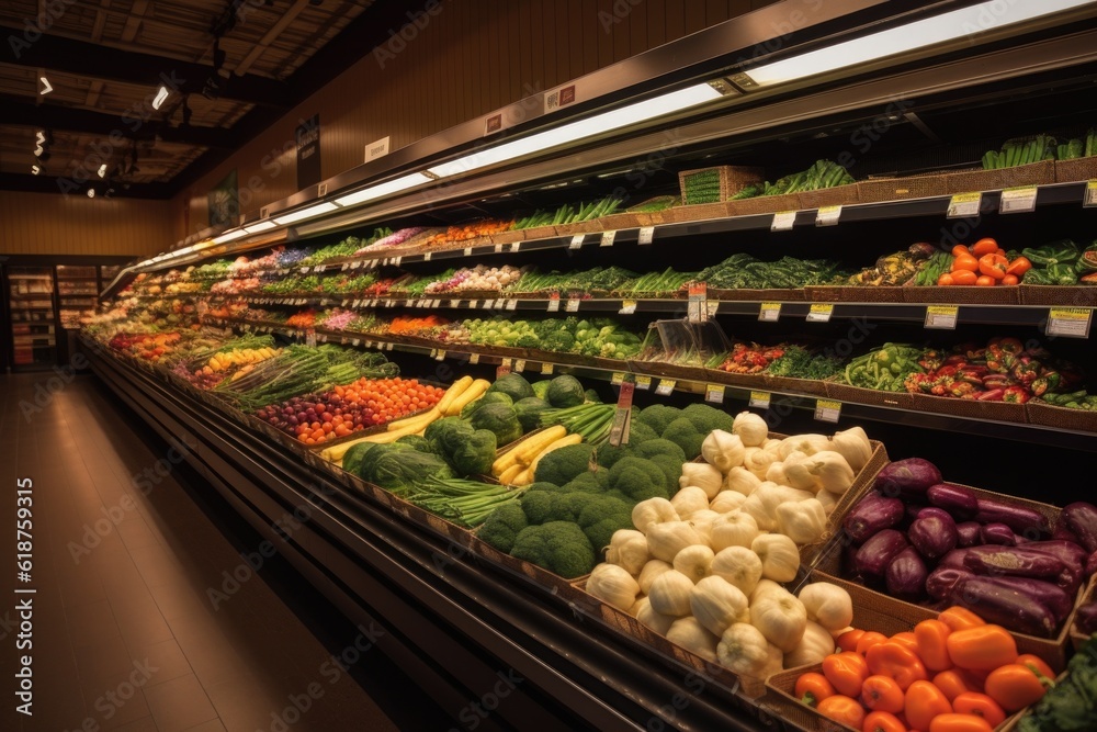 supermarket produce section, with vegetable stands offering variety of fresh and healthy options, created with generative ai