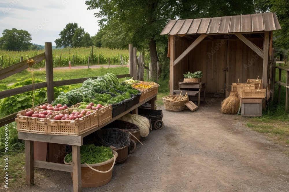 farm stand with baskets of freshly picked produce, ready for customers, created with generative ai