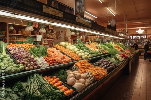 a grocery store with clean, vibrant produce stands and a variety of vegetables for customers to choose from, created with generative ai