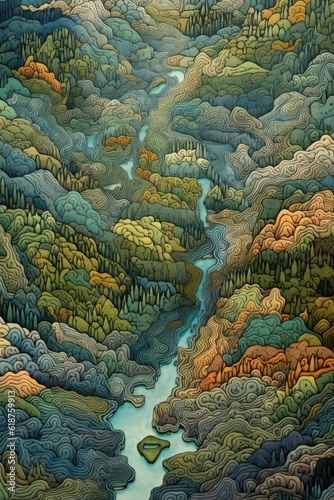 aerial view of a landscape with abstract patterns, created with generative ai