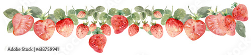 Strawberries Drop Border Line Watercolor on Isolated Background, Hand painted and Hand drawn
