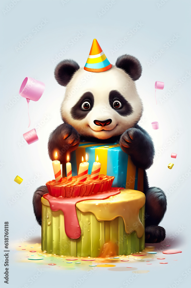 A panda bear sitting on top of a birthday cake. Generative AI. Happy Birthday cute greeting card.