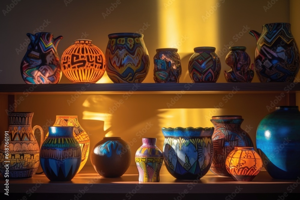 sunlight illuminating colorful pottery designs, created with generative ai