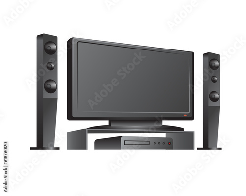 Flat LED screen TV on television shelf with home theater, cinema sound speaker home theater system, Monochrome vintage drawing flat icon.Vector Illustration