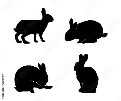 Cute black rabbits Silhouettes set on White Background