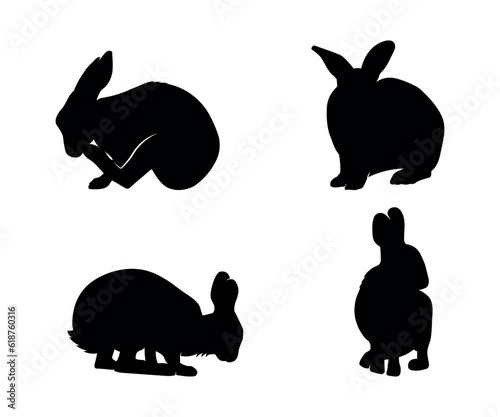 Cute black rabbits Silhouettes set on White Background