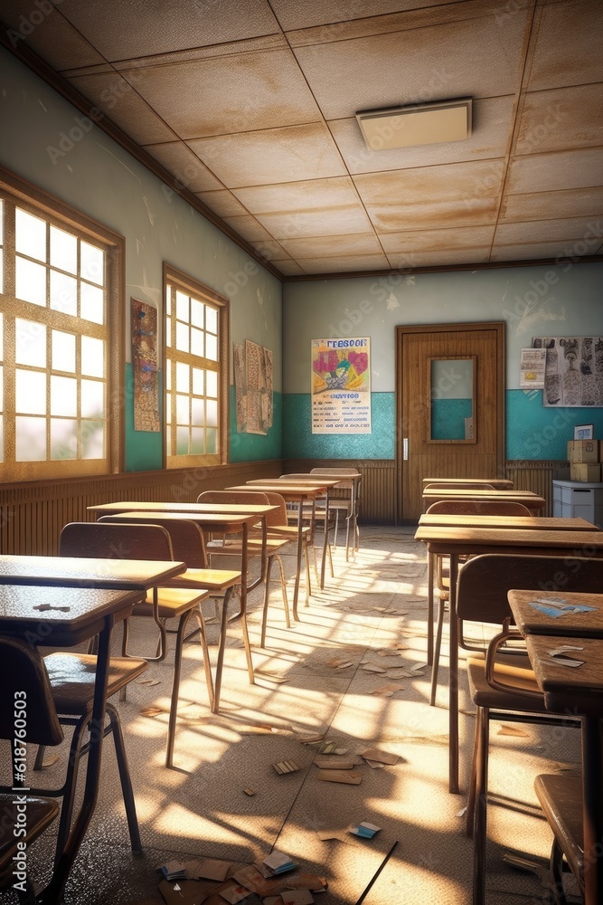 classroom interior with empty desks and chairs, created with generative ai