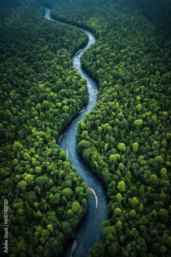 aerial view of a winding river in a dense forest, created with generative ai