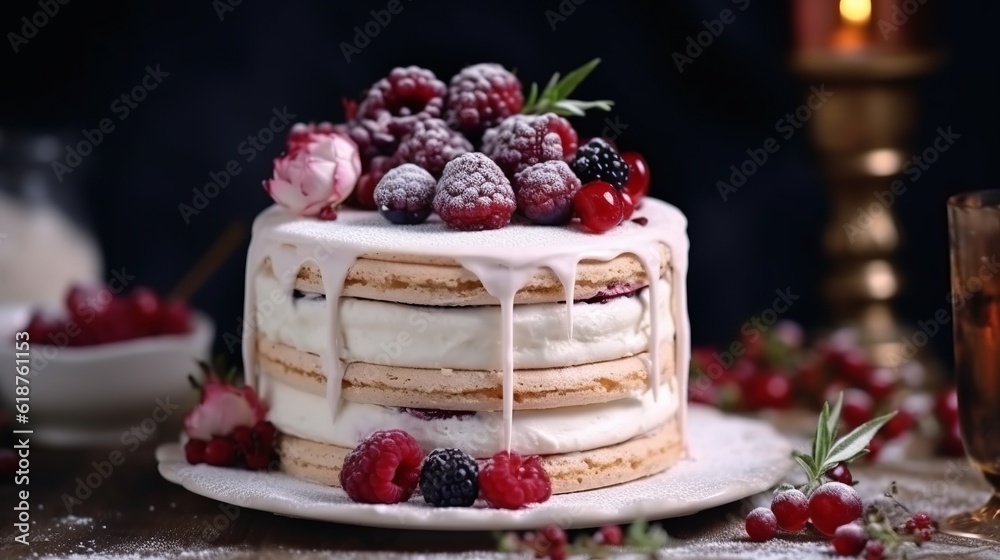 Tasty white homemade cake decorated by red berries and macaron Generative AI