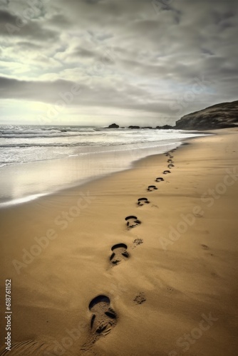 footprints in the sand leading towards the waters edge, created with generative ai