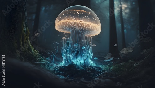 very detailed transparent translucent beautiful forest full of bioluminescent ghost mushroom jellyfish cinematic lighting 